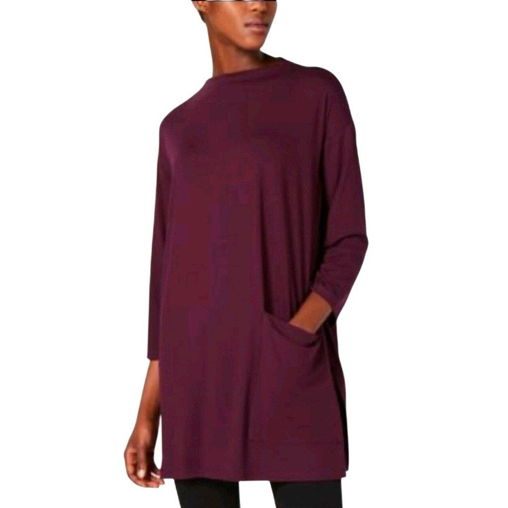 Eileen Fisher Tunic Womens Medium Plum Viscose Jersey Mock Neck Pocket Lagenlook